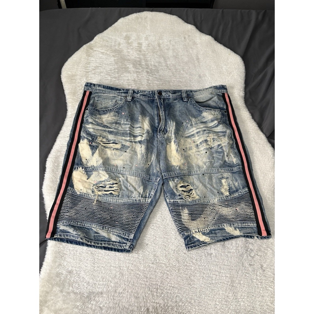 Makobi Denim Shorts W/ Pink Stripe Size 50 Distressed Moto‎ Streetwear